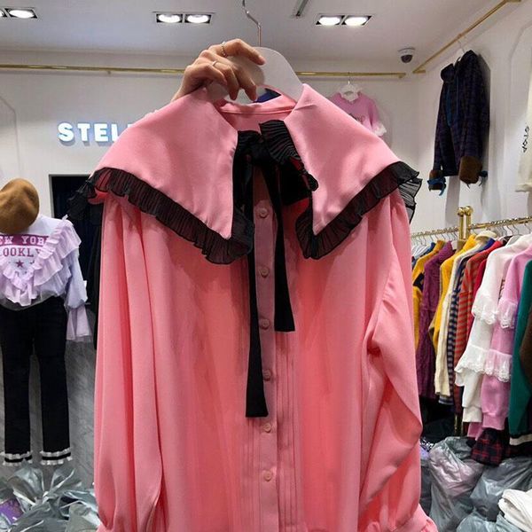 

women's blouses & shirts spring autumn blouse korean style single-breasted ribbon tulle slimming long-sleeved female ll262, White