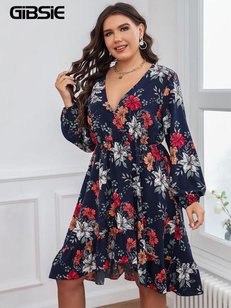 

plus size dresses gibsie floral print v neck ruffle hem dress women holiday boho autumn midi long sleeve a-line female, Black