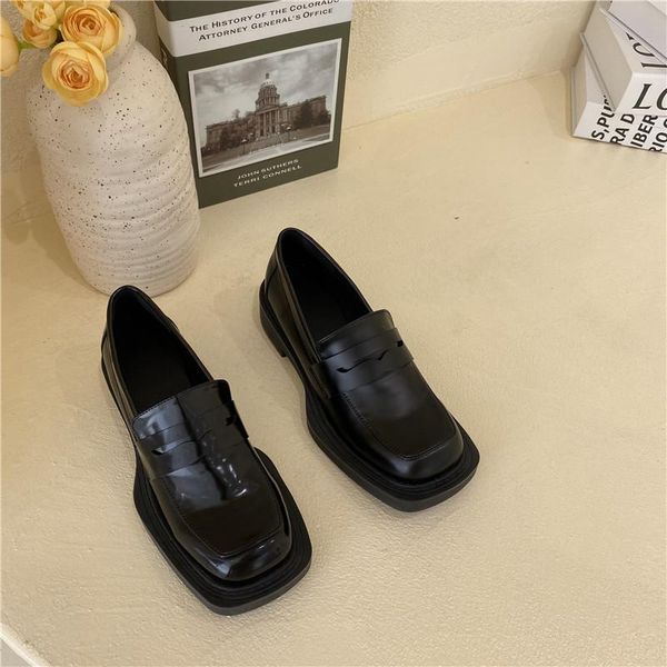 

shoes on heels slip-on casual female sneakers british style oxfords women's flats loafers with fur square toe retro slip on new, Black