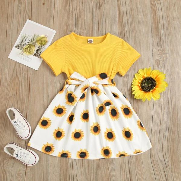 

girl's dresses summer baby girl dress set trade yellow sunflower print cotton conjoined skirt short sleeve knee-length two sets, Red;yellow