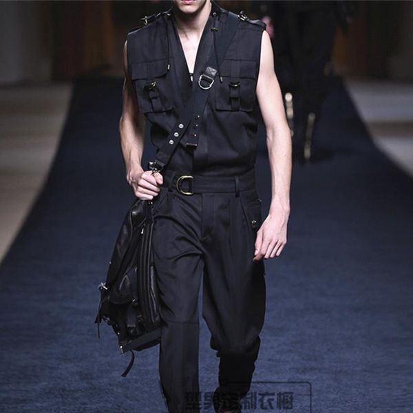 

men's tracksuits trendy runway designer fashion jumpsuits men one piece cotton black sleeveless rompers overalls male brand clothes plu, Gray