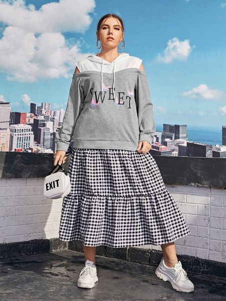 

plus butterfly & letter graphic cold shoulder hoodie e6ks#, Black