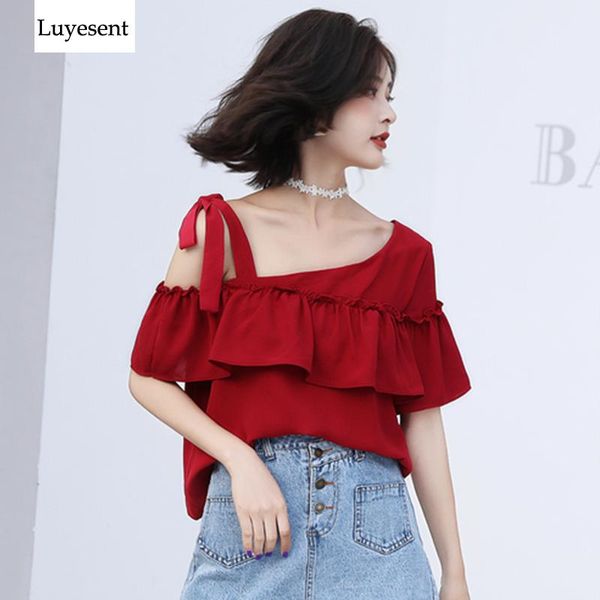 

women's blouses & shirts women wine red skew collar summer blouse female one side off shoulder lace-up ruffles 2021 fashion streetwear, White