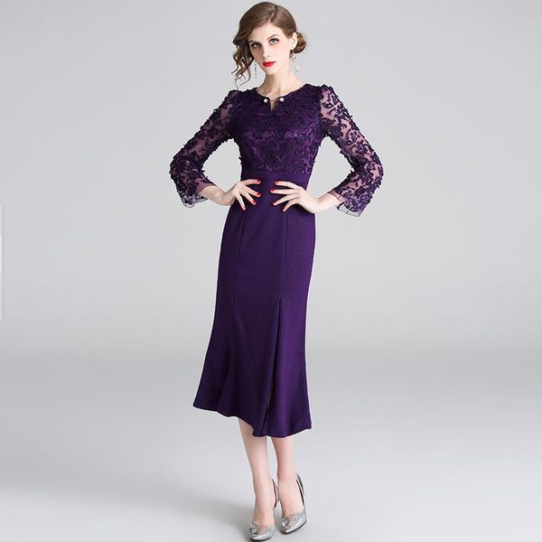 

casual dresses fashion floral o-neck midi dress women 2021 winter pueple embroidered boho long sleeve elegant party vestidos, Black;gray