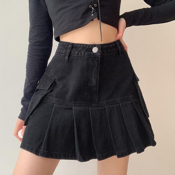 

vintage y2k pleated denim women skirts mini dark academia fashion goth black high waist 90s korean pockets