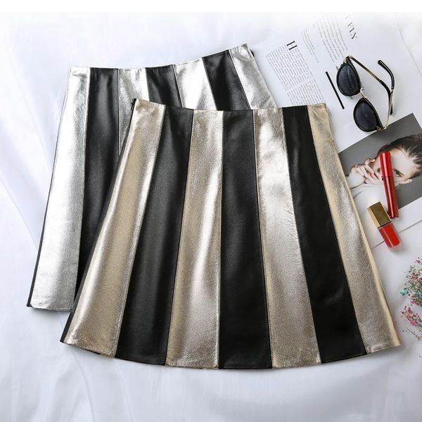 

skirts genuine leather 2021 fashion style striped mini skirt, Black