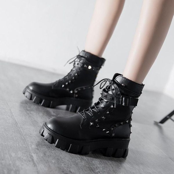 

boots 2021 black chunky motorcycle for women platform rivet ankle ladies punk autumn winter short shoes