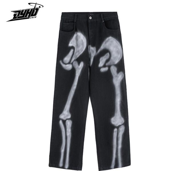 

men's jeans skull print straight loose mens retro high street oversize casual denim trousers harajuku washed hip hop jean pants 2021fw, Blue