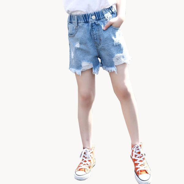 

jeans girls summer casual style girl child ripped solid kid's short teenage children's clothes, Blue