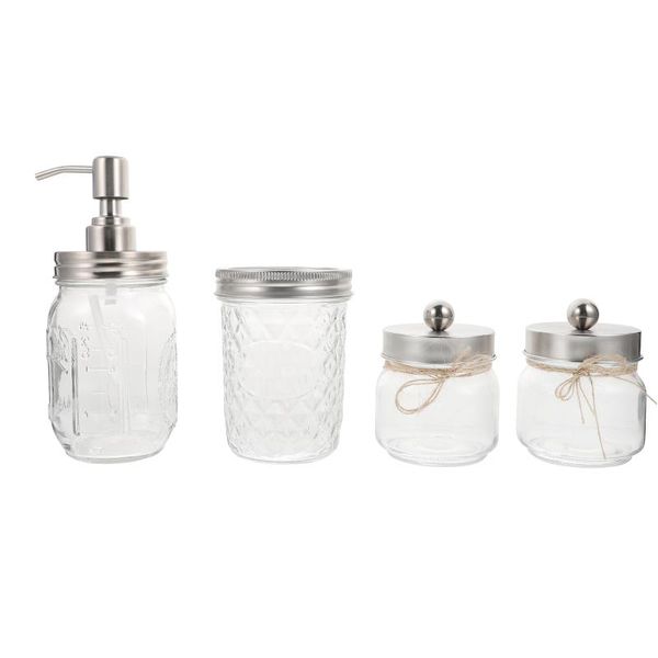

bath accessory set 1 of 4pcs transparent mason jars storage bottles (silver)