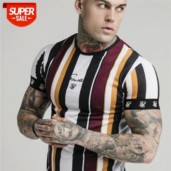 

2019 hip hop tight tshirt short sleeve brand men muscle stripe bodybuilding fitness men polyester singlets #wf5o, White;black