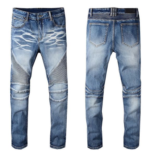 

mens jeans designer slim leg trend knee stripe denim biker motorcycle pants size hip hop distressed elastic washed pants w28-40, Blue