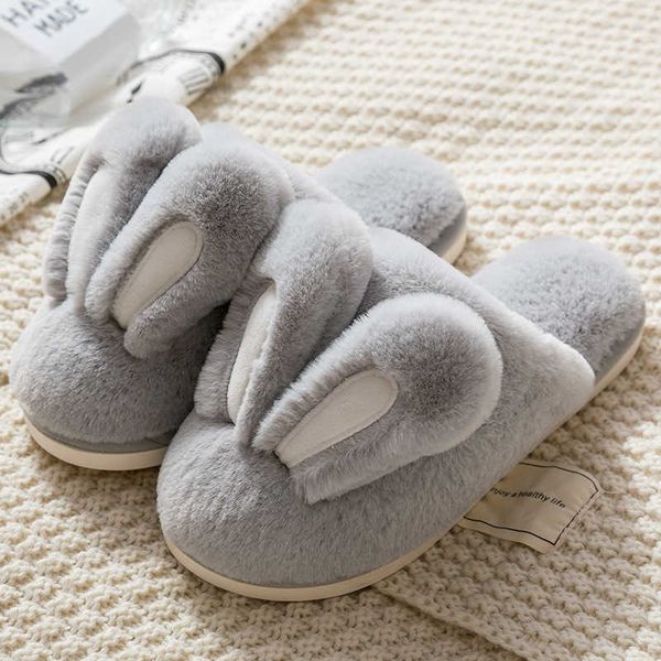 

winter indoor women slippers house plush men couples cute rabbit ears soft sole slip on flats female slides pink zapatillas h0827, Black
