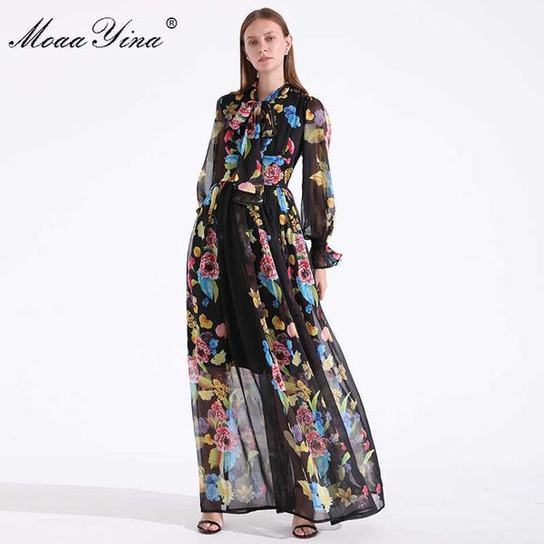 Мода дизайнер взлетно-посадочная полоса летние женщины платье лук воротник с длинным рукавом цветочные принты праздник вечеринки элегантные maxi 210524
