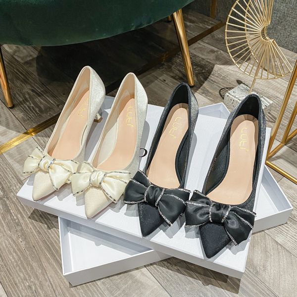 

plus size 41-43, spring new fashion dress shoes, pointed toe high heel satin fabric bare feet, 6cm goddess, cool design, Black
