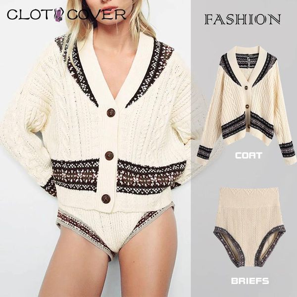 

women suit sets winter casual knitted jacquard sweater female fashion patchwork long sleeve v-neck loose shorts briefs, White