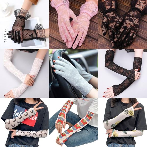 

five fingers gloves elegant women ultra-thin long summer driving cycling black sunscreen female anti-uv elasticity lace mesh, Blue;gray