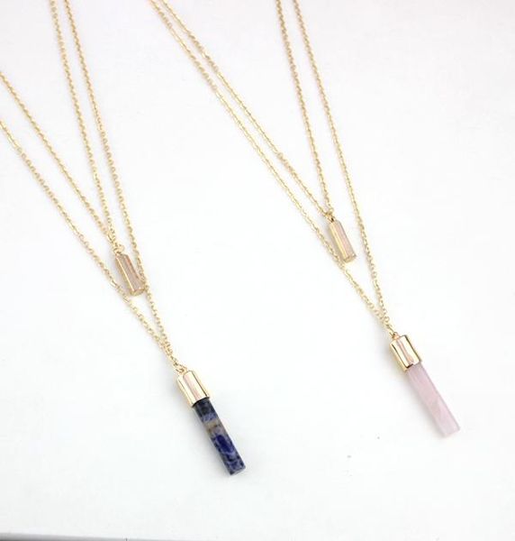 

pendant necklaces cylinder blue pink quartz natural stone gold double layers chain geometric accessories women dress jewelry, Silver