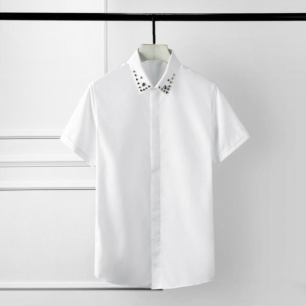 

men's casual shirts luxury mens skull rivet solid color short sleeve dress plus size 4xl party night club slim shirt man, White;black