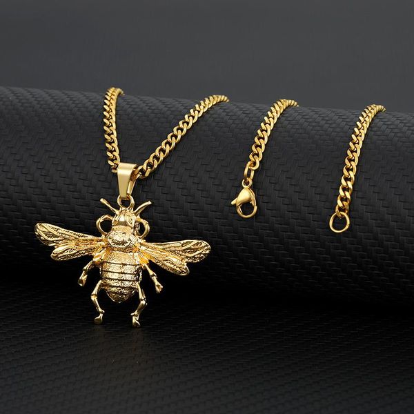 

chokers big size bee cicada pendant cuban chain hip hop necklace stainless steel for women choker jewelry gift, Golden;silver