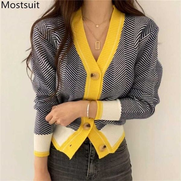 Maglione cardigan coreano monopetto con scollo a V Donna Autunno Inverno Manica lunga color block Fashion Elegant Ladies Top 211011