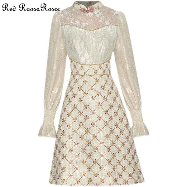 

casual dresses red roosarosee spring autumn 2022 women mandarin collar flare sleeve sequins party dress vestidos robe femme fema, Black;gray