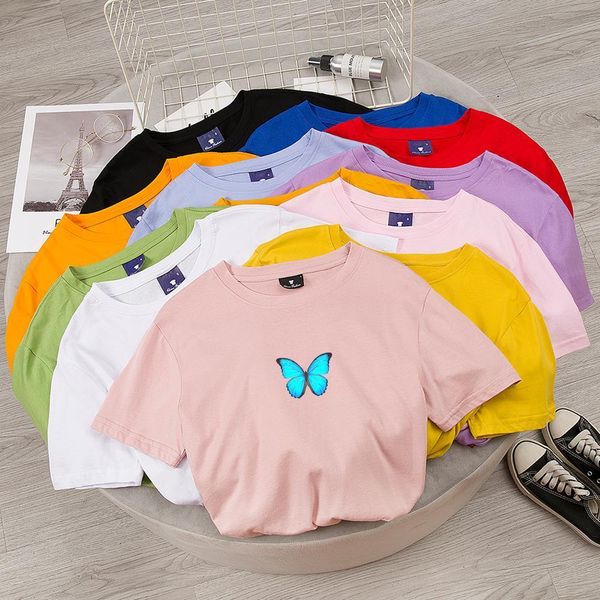 

summer blue butterfly print tshirt women harajuku shirt graphics t shirt female casual kpop funny clothes short sleeve tee, White