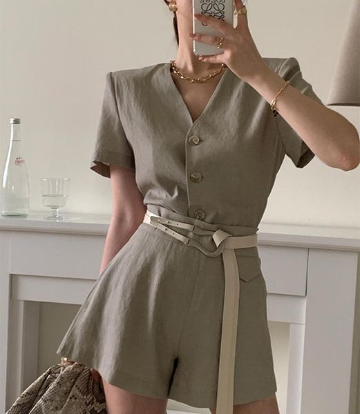 

women's tracksuits summer casual shorts set 2021vintage office v-neck single-breasted two-piece sets with belt female outfit, Gray