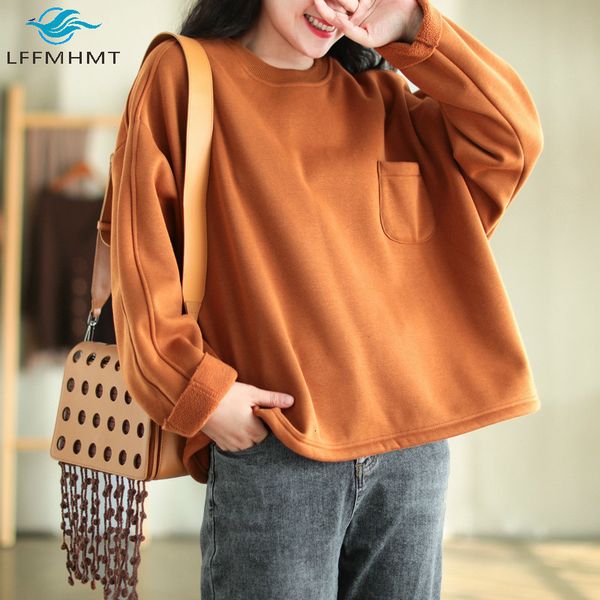 

2021 new winter fashion literary vintage casual pullover female solid color thick fleece warm premium cotton sweatshirt 5rk0, Black