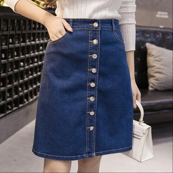 

tingyili button front denim skirt summer high waist jeans skirts womens korean fashion blue midi skirt, Black