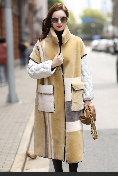 

women's fur & faux arlenesain shearling knee length jacket with quilted sleeves and a stand-up collar, Black