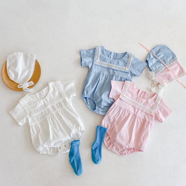 

rompers summer baby children's one piece bodysuit girl cotton short sleeve lace square neck triangle crawl romper cute jumpsuit, Blue