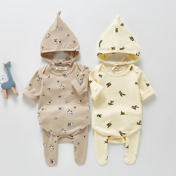 

2021 spring new infant boys girls cotton clothes sets fashion print long sleeve bodysuit pant hats 3pcs baby outfits set 210309, White