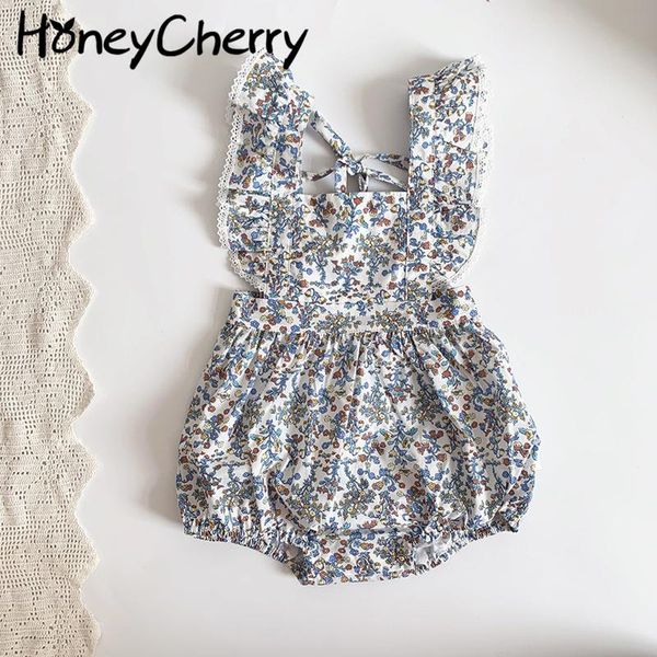 

rompers 2021 spring and summer girls cotton floral lotus leaf jumpsuit baby romper bow overalls girl clothes, Blue