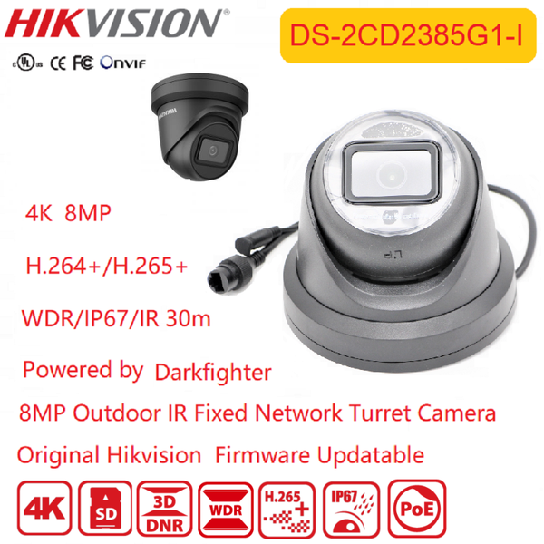 

hikvision ip camera 4k black ds-2cd2385g1-i 8mp poe ir ip67 powered-by-darkfighter fixed turret network cctv camera