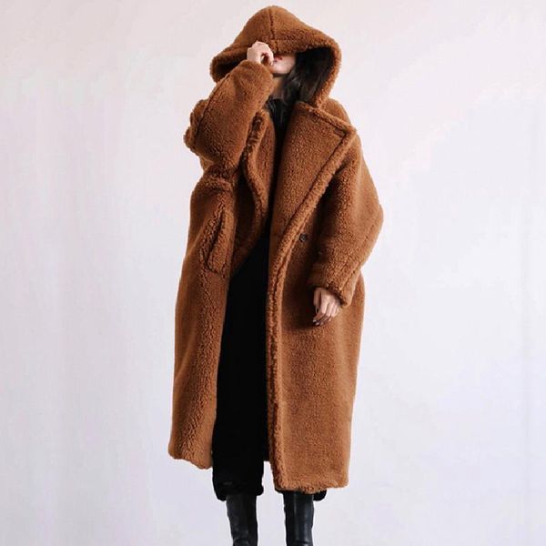

women's fur & faux autumn winter imitation coat women mid-length hooded lapel fashion plus size 5xl lamb wool outerwear female, Black