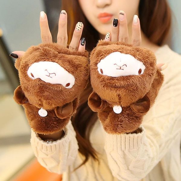

fingerless gloves women winter cute alpaca warm flip mittens female knitted half finger student animal, Blue;gray