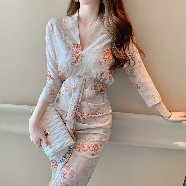 

new arrival fashion comfortable v-neck formal fresh chiffon print cute elegant slim pencil dress 5bqm, White;black
