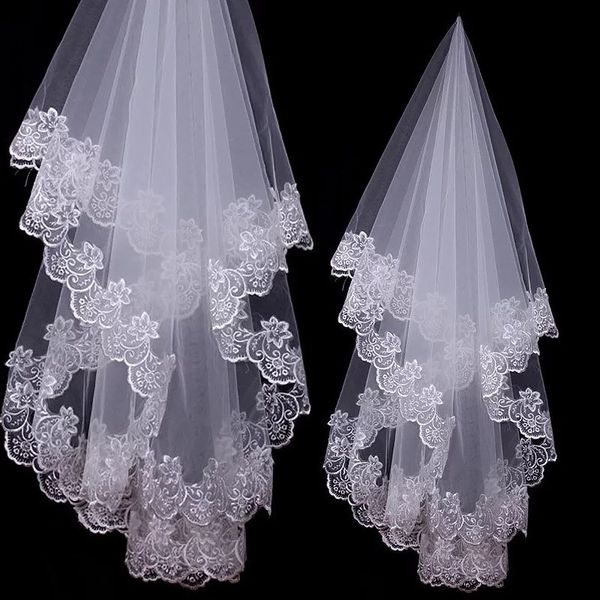 

white bridal veils wedding accessories two layers appliques edge tulle fabric with different length, Black