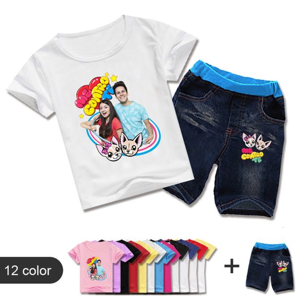 

baby boys summer cartoon me contro te clothes children clothing set boy girls short sleeve tshirts+jeans cool denim shorts suit, White