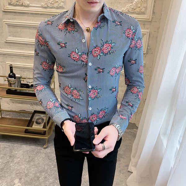 

Venda Quente New Dos Homens Camisas Florais Listrado Manga Longa Primavera Novo Magro Ajuste Blusa Night Club Prom To AD7P, Black;brown