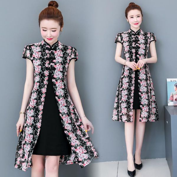 

ethnic clothing plus size 3xl 4xl summer chiffon chinese dress qipao style cheongsam black floral print fashion improve mini, Red