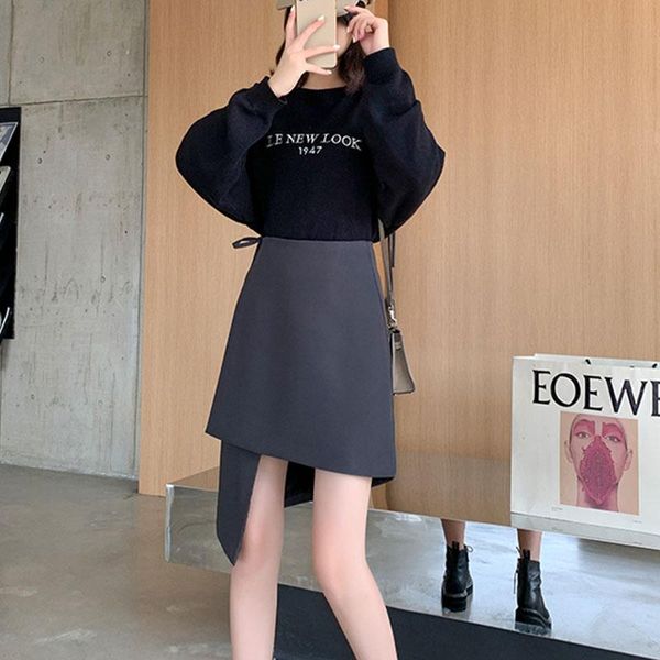

skirts sister fara spring mini asymmetrical skirt autumn office fashion solid high waist 2021 ladies a-line casual midi, Black