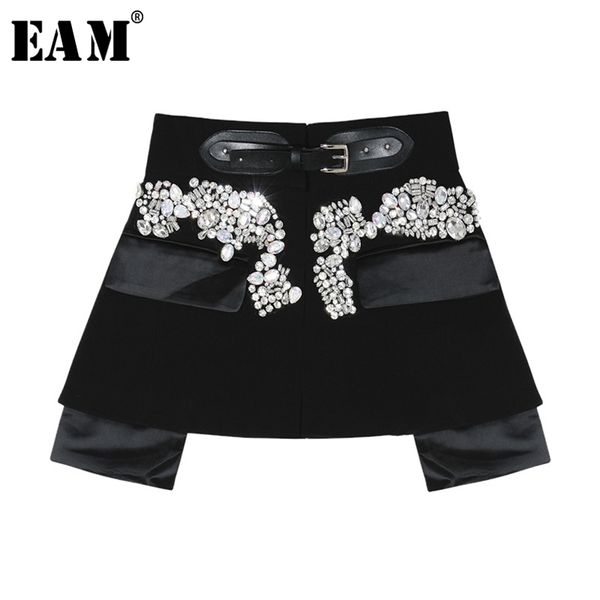 

[eam] spring autumn high waist black beading blingbling spliced personality short half-body skirt women fashion jy758 210629
