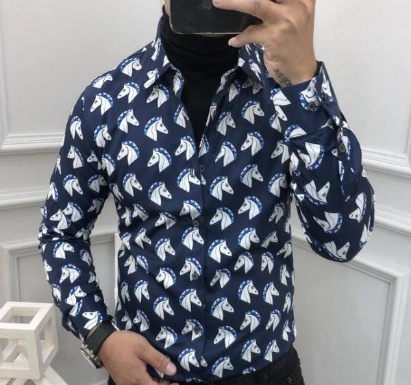 

men's casual shirts 2021 fashion luxury horse royal brand print shirt designer clothing gothic famous punk cotton for men, White;black