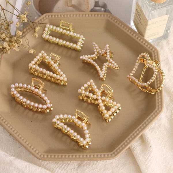 Fermagli per capelli Barrettes VKME Fashion Elegant Gold Pearl Clip geometrica per donna Ragazza coreana Artiglio di cristallo stella di alta qualità