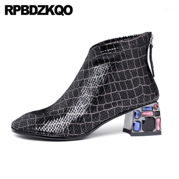 

boots 10 block thick fur chunky booties black big size women ankle 2021 round toe fashion diamond rhinestone high heel shoes mid1