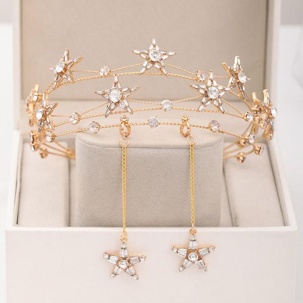 

earrings & necklace gold color star shape design tiaras headband handmade rhinestone crown women jewelry set bride wedding lb, Silver