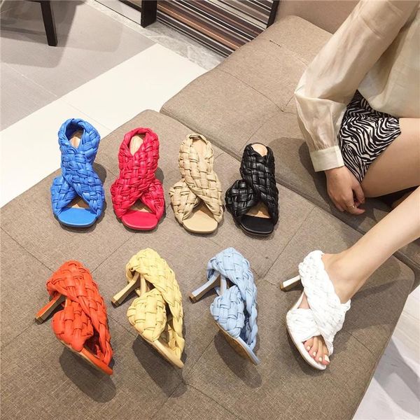 

perfect thin high heels women sandals soft pu leather weave ladies slides peep toe slippers summer shoes woman candy color, Black