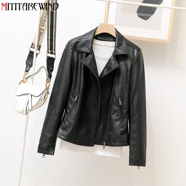 

women's leather & faux 2021 simple style pu jacket women short casual streetwear slim fit coat femme motorcycle, Black